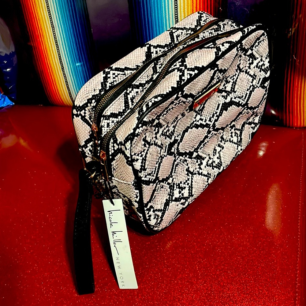 Nicole Miller Pink Snakeskin Travel Makeup Toiletry Bag